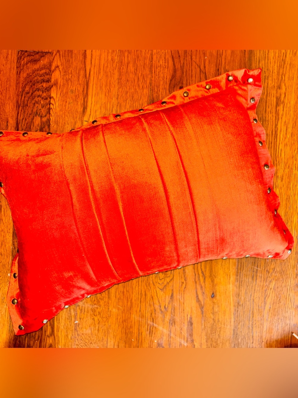 Vintage Pier 1 Orange Velveteen Pleated accent Pillow Brass Studs Duck down fill